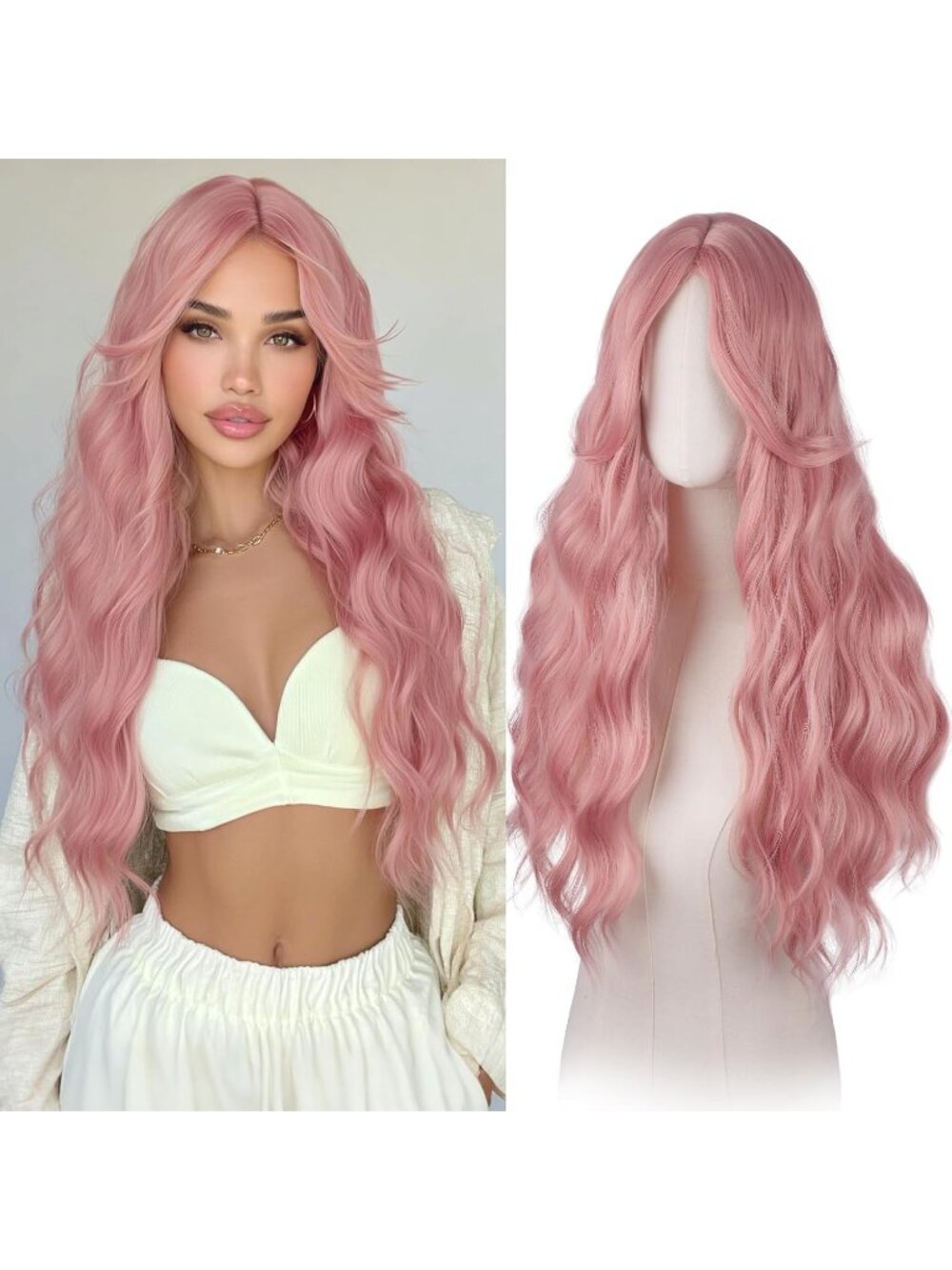 Women's Pink 26 Inch Heat Resistant Curtain Bangs Long Wavy Wigs